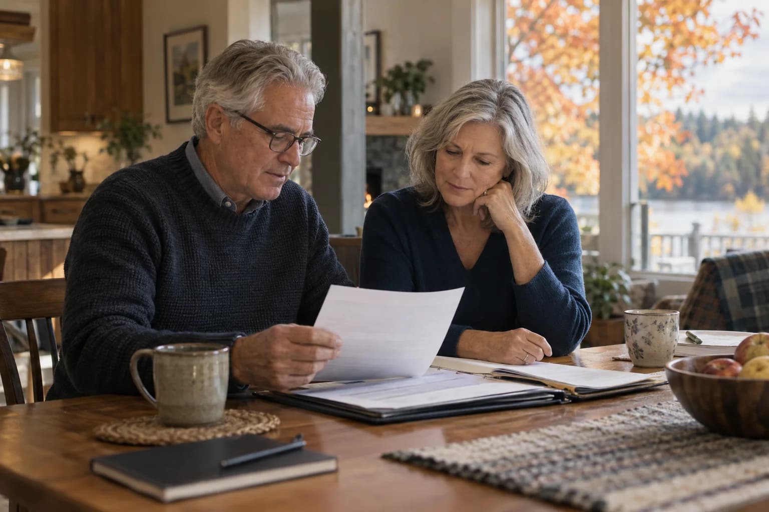 A couple reviewing papers together at their kitchen table in an autumn setting